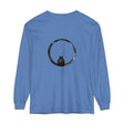 A close-up image of a black Mystifying Sphere Unisex Long Sleeve T-Shirt with intricate, mesmerizing designs on the front and back
