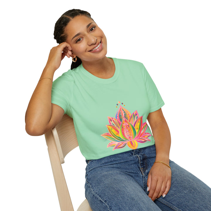 A close-up image of a Lotus Mandala Unisex T-Shirt featuring a hand-drawn unique design by Blululi The design showcases intricate lotus flower patterns and geometric shapes in vibrant colors