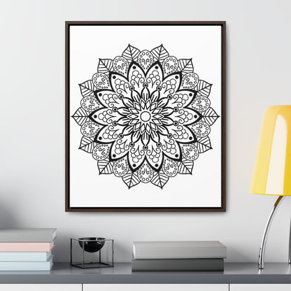 Beautiful black and white handmade mandala art on gallery canvas wraps, perfect for vertical framing and adding elegance to your wall decor