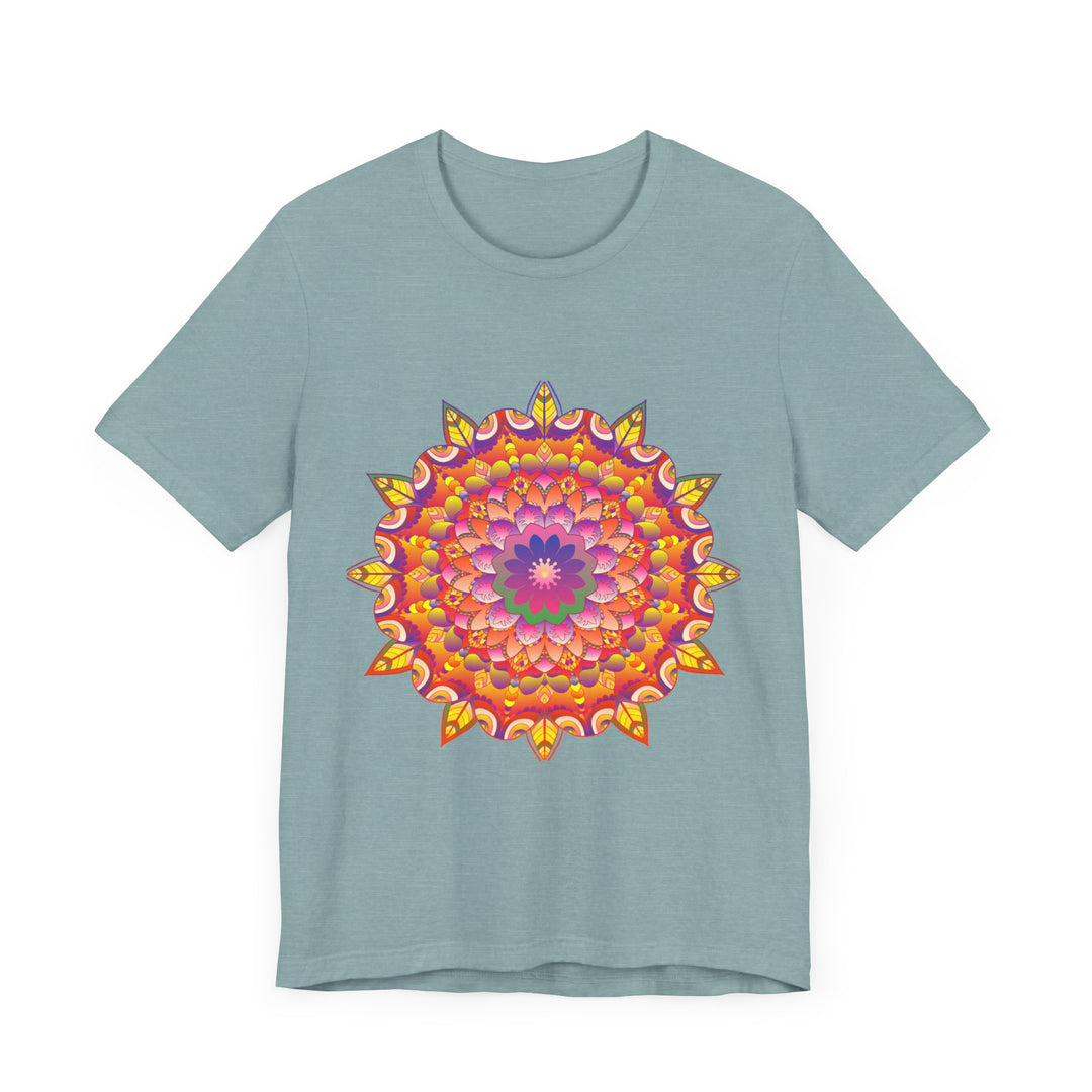 A colorful and intricate mandala design, featuring psychedelic art on a vibrant tee