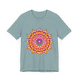 A colorful and intricate mandala design, featuring psychedelic art on a vibrant tee