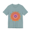 A colorful and intricate mandala design, featuring psychedelic art on a vibrant tee