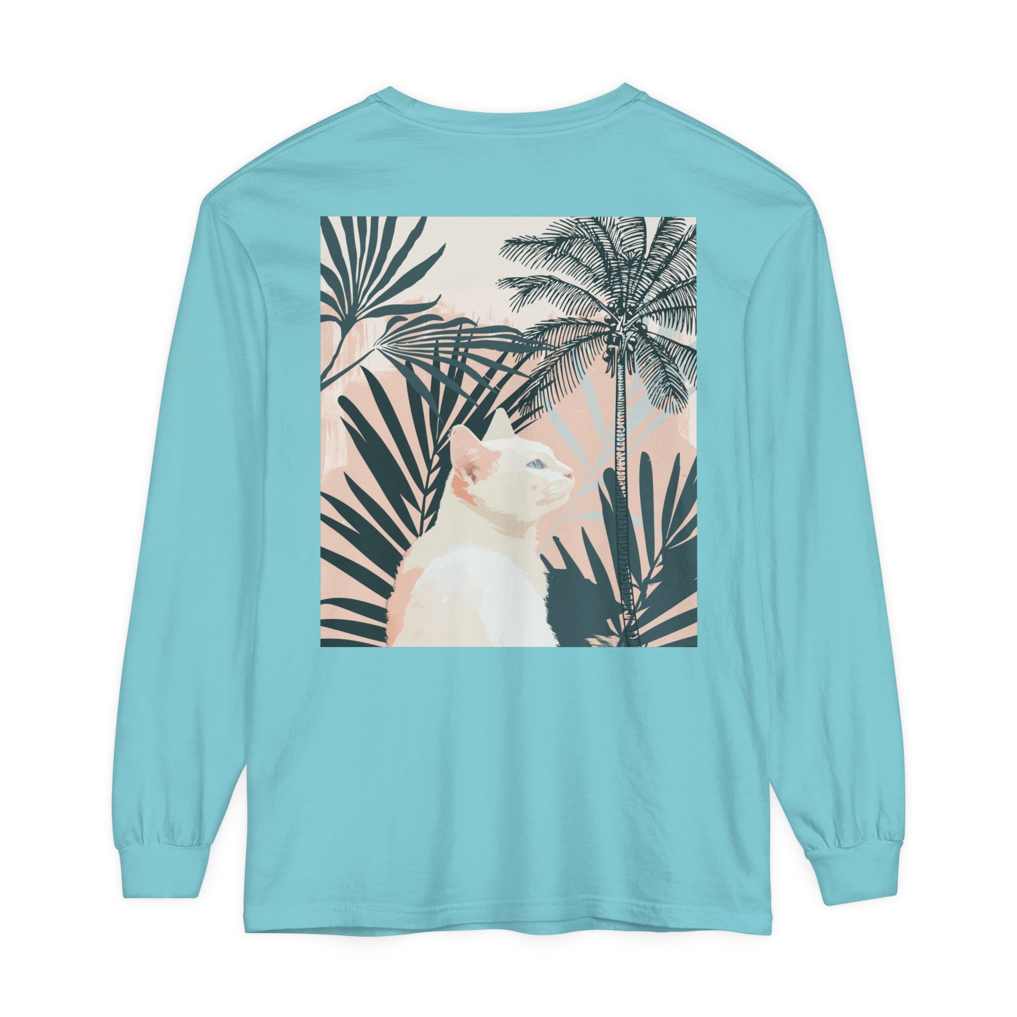 White Cat Tropical Mandala Long Sleeve T-Shirt featuring a colorful mandala design with a beautiful white cat in a tropical setting