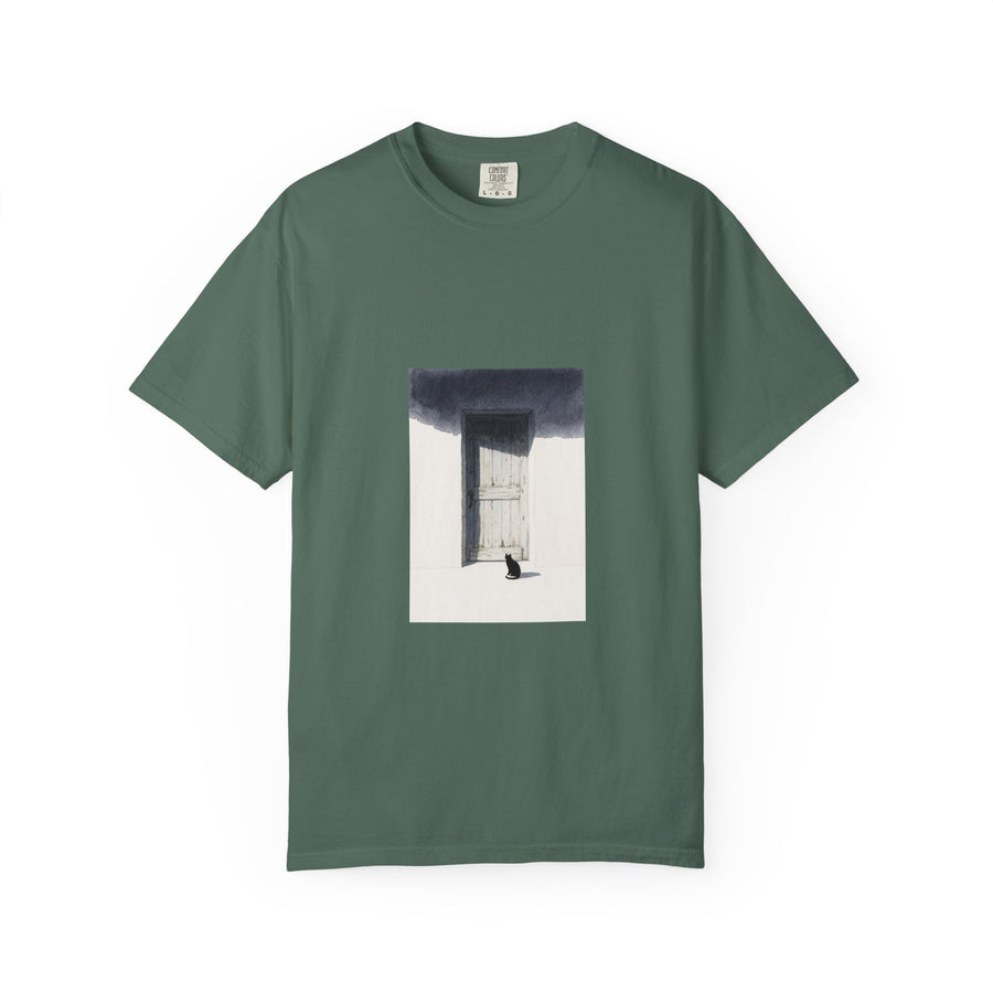 T-Shirt — Minimal Art Cat at Door Graphic Tee