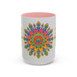 Colorful mandala mug featuring intricate and vibrant art on a grey background