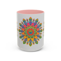 Colorful mandala mug featuring intricate and vibrant art on a grey background