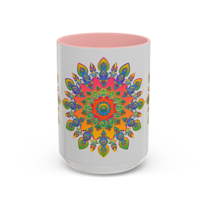 Colorful mandala mug featuring intricate and vibrant art on a grey background