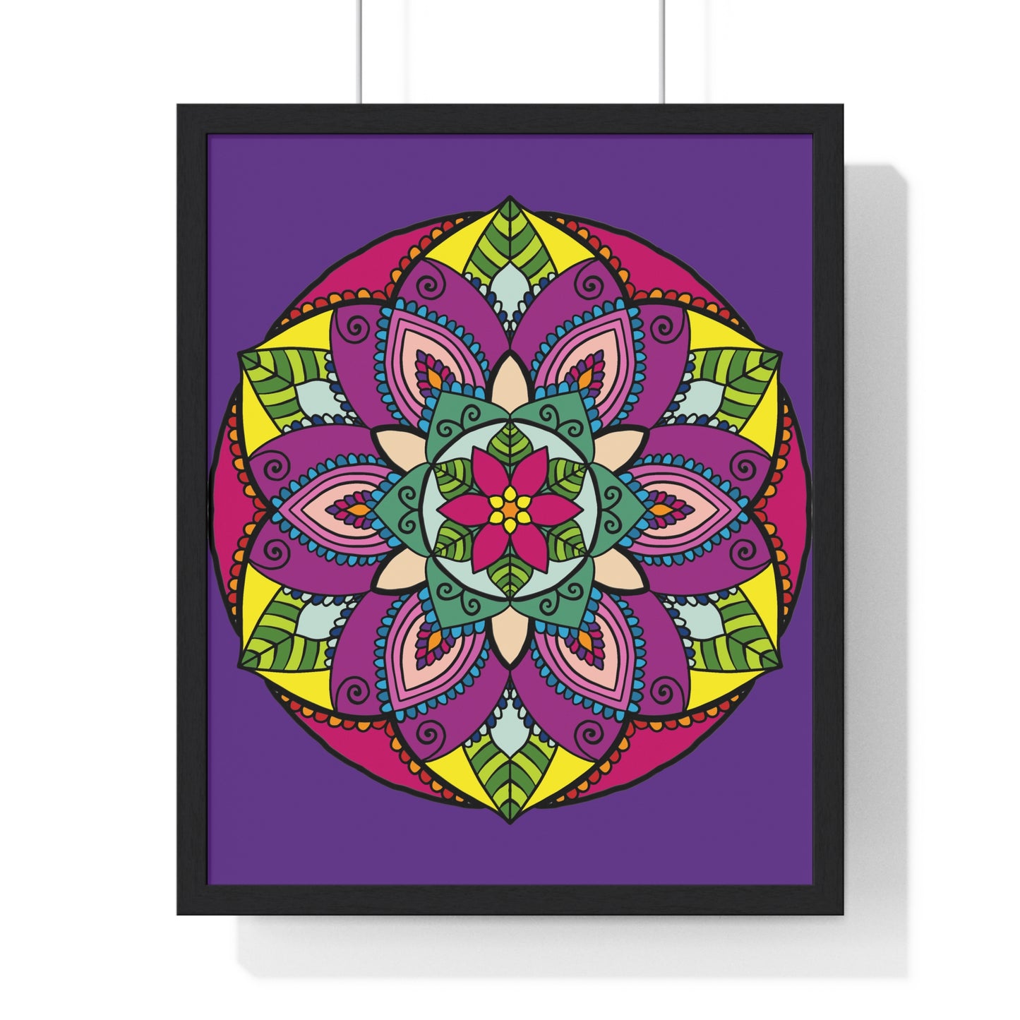 Hand-drawn purple mandala art framed poster for mindfulness and yoga