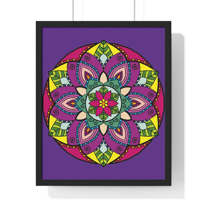 Hand-drawn purple mandala art framed poster for mindfulness and yoga