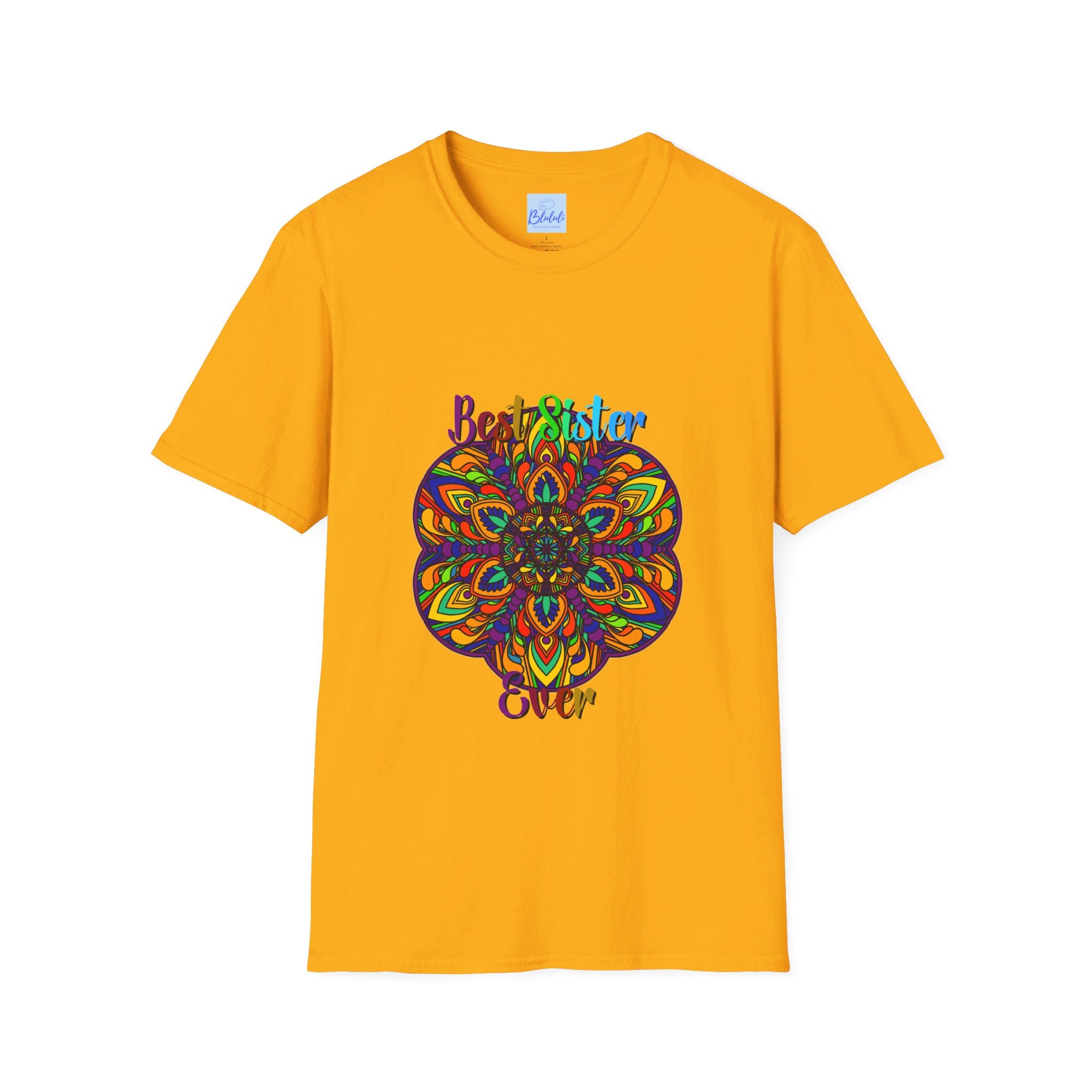 Colorful and intricate hand-drawn mandala art design on a soft unisex T-shirt, perfect for gifting to a sister