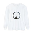 A close-up image of a unisex long sleeve t-shirt featuring a mesmerizing and colorful sphere design