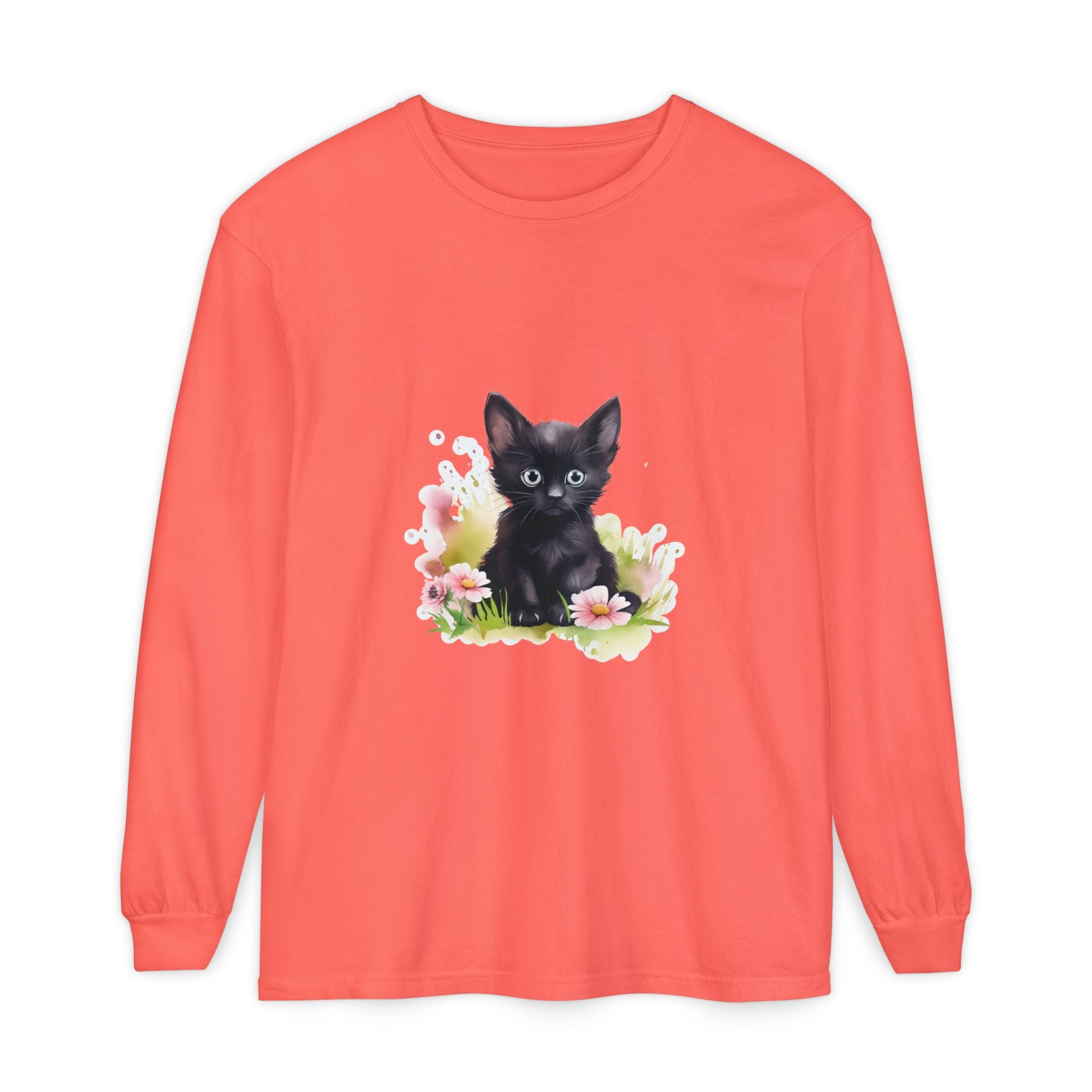 Black Kitten & Pink Flowers Long Sleeve T-Shirt