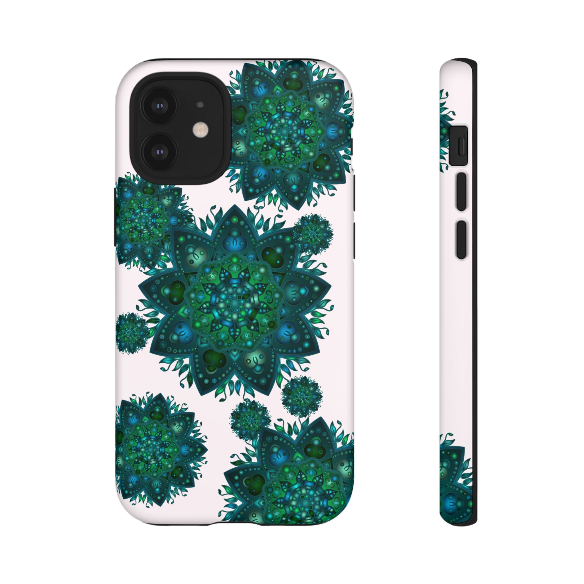 Beautiful light pink and green mandala phone case with a peaceful and intricate design