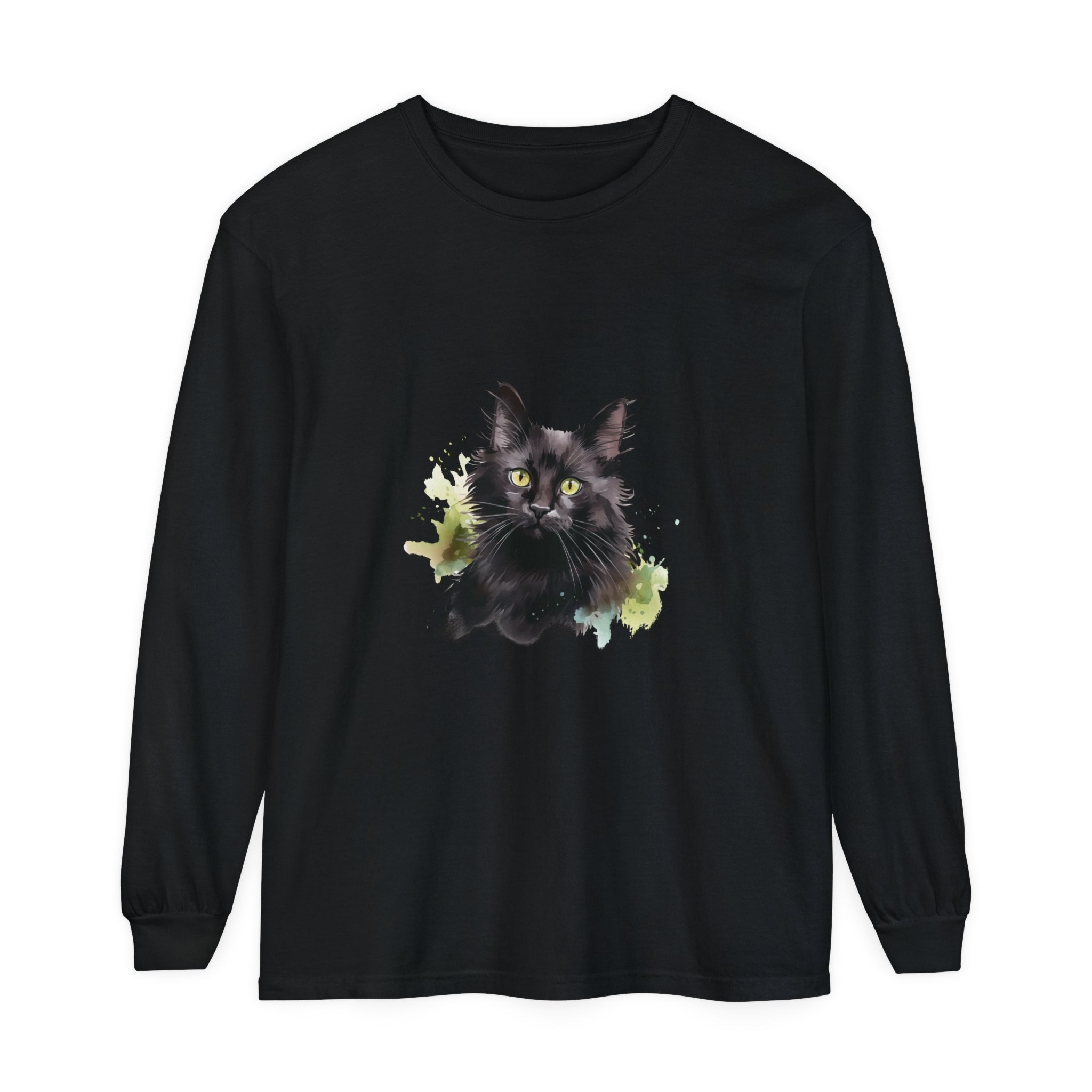 Black Cat Watercolor Splash Long Sleeve T-Shirt with vibrant and artistic feline design