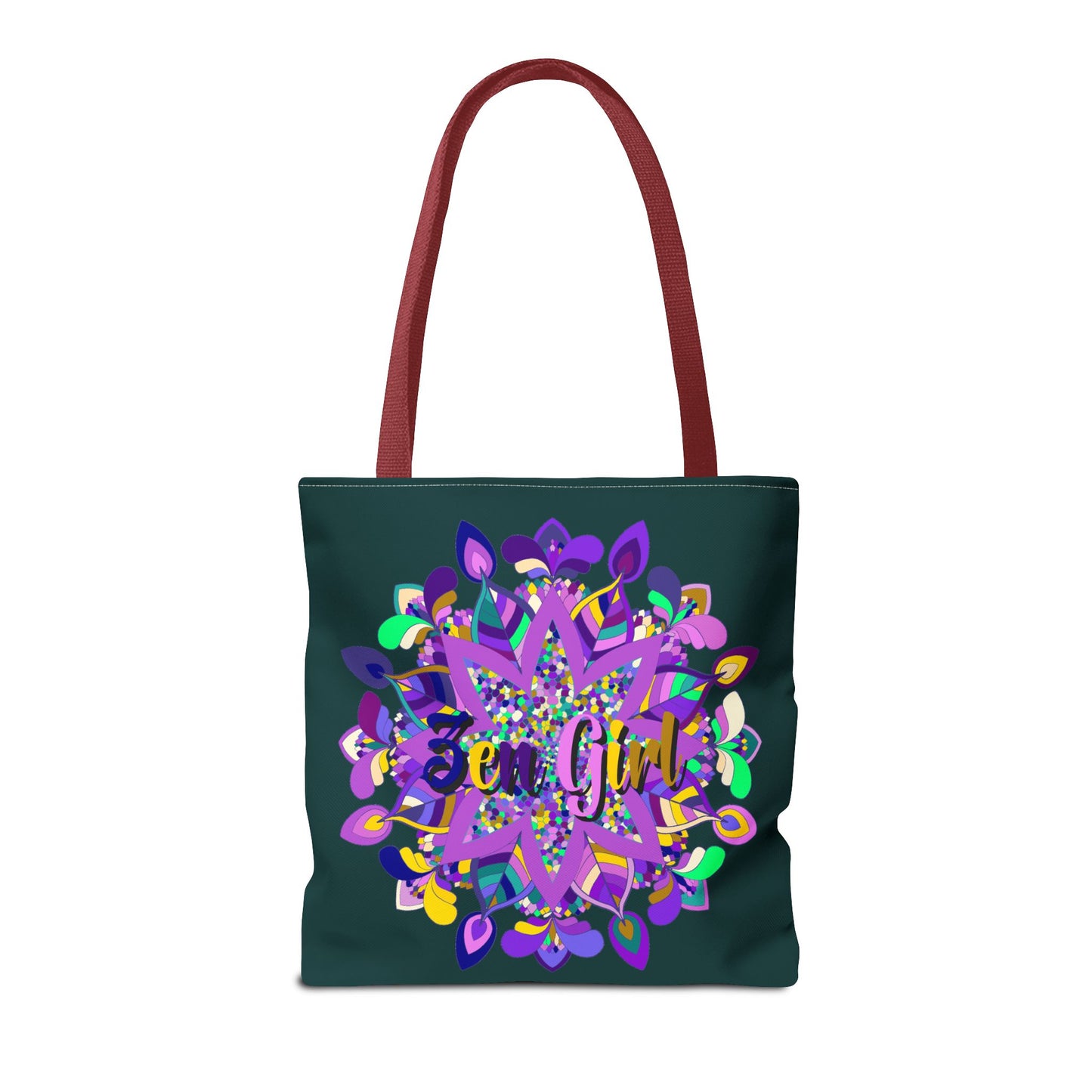 Dark green tote bag with colorful mandala design, perfect for zen girls by Blululi