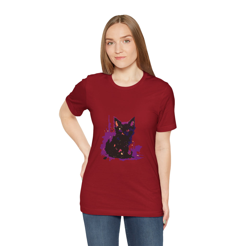 Schwarzes Katzenrätsel – Lila Farbspritzer-T-Shirt