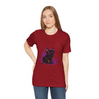 Schwarzes Katzenrätsel – Lila Farbspritzer-T-Shirt