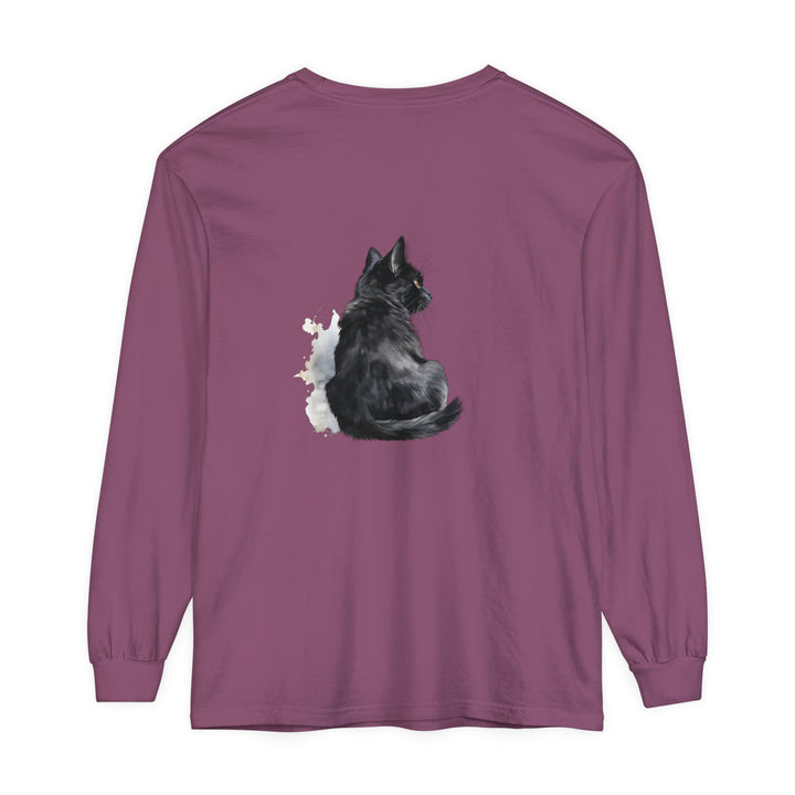 Black Cat Watercolor - Unisex Long Sleeve T-Shirt featuring a beautifully detailed watercolor design of a black cat on a comfortable, long sleeve shirt