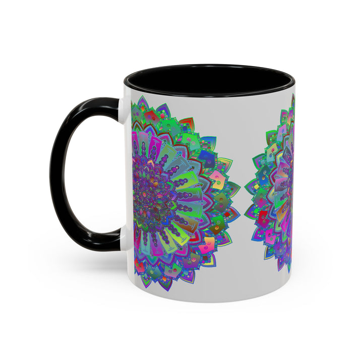 Intricately designed mandala art mug with colorful and detailed patterns in blues and greens