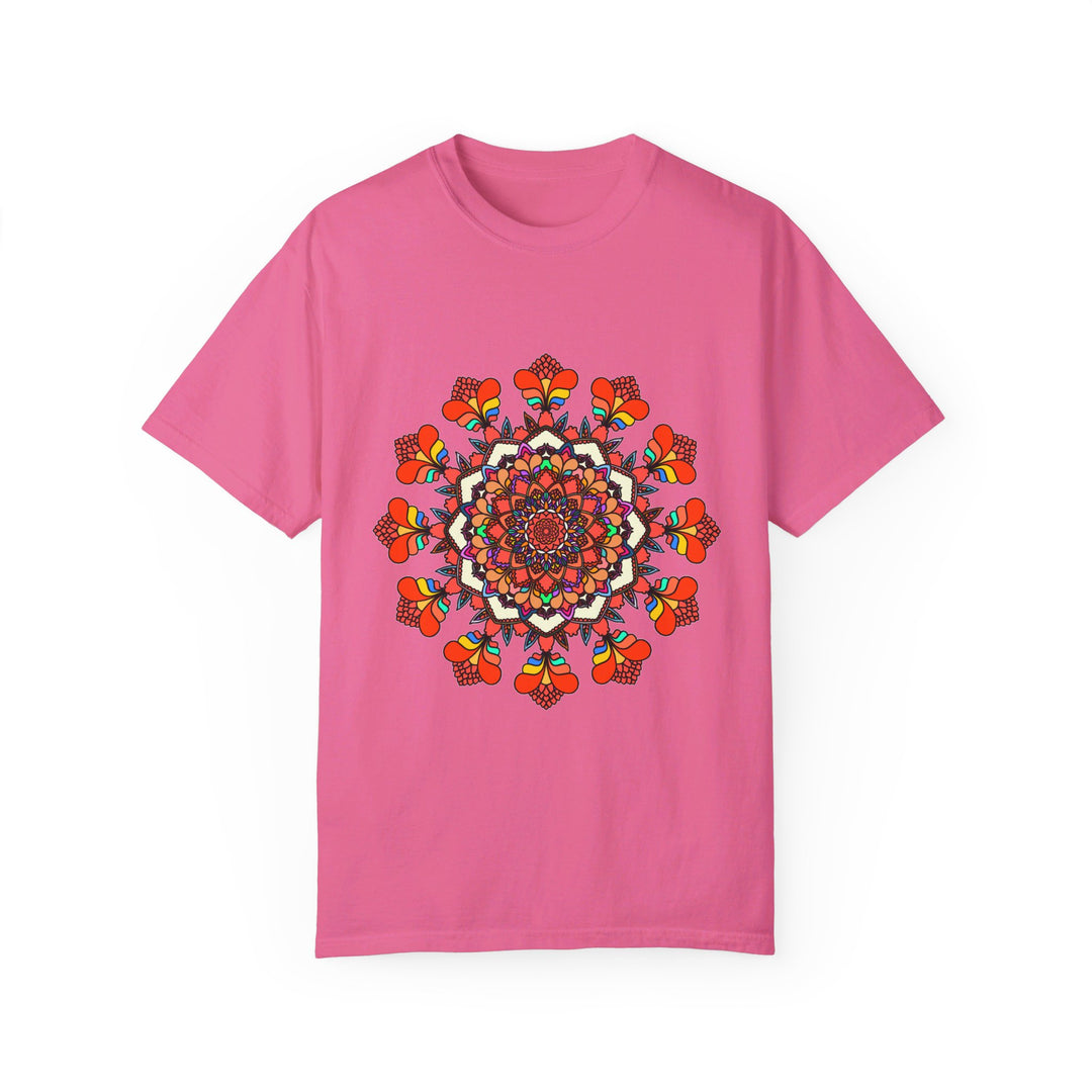 Unisex Mandala T-Shirt made of 100% ring-spun cotton, featuring hand-drawn mandala art and garment-dyed for extra comfort