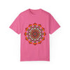 Unisex Mandala T-Shirt made of 100% ring-spun cotton, featuring hand-drawn mandala art and garment-dyed for extra comfort