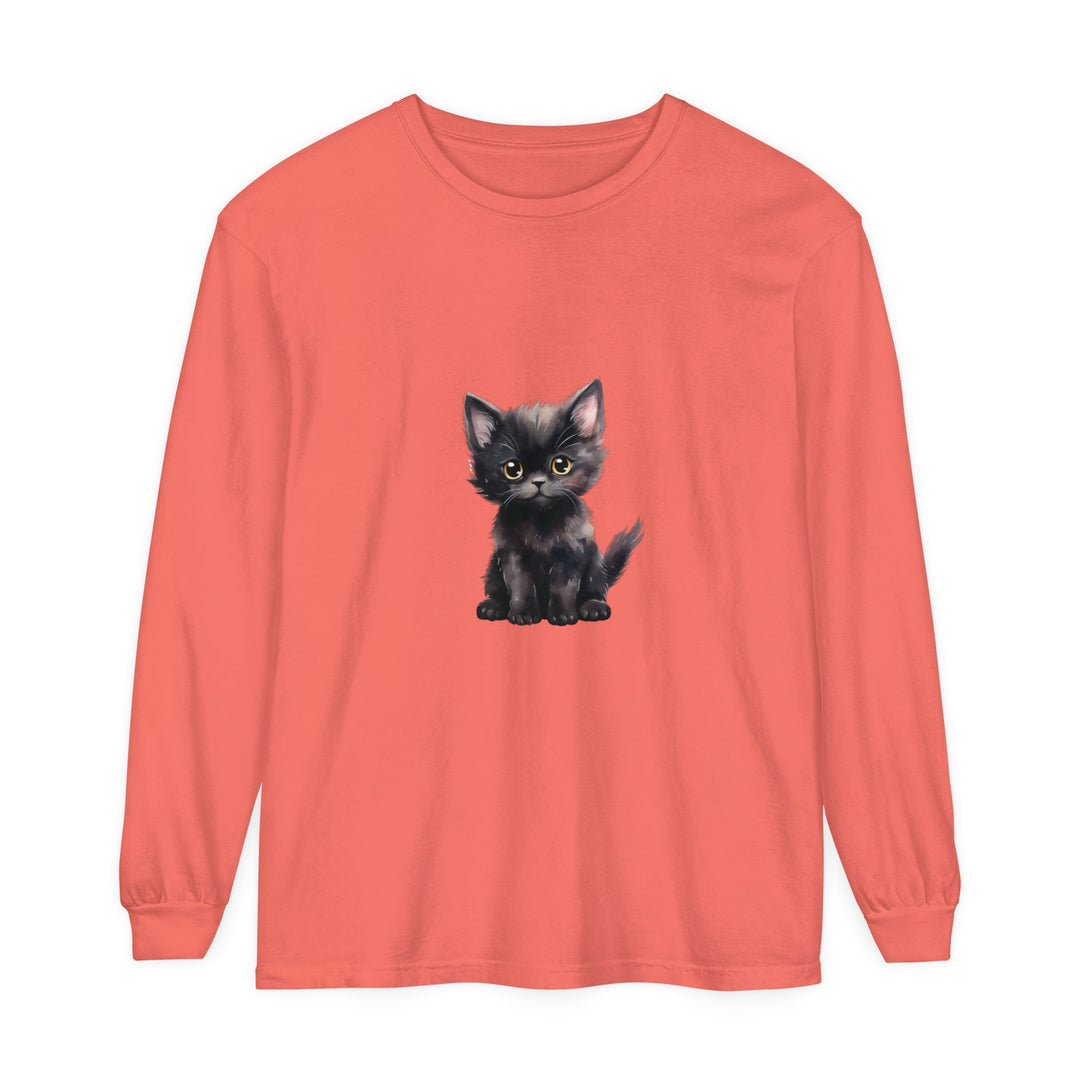 Adorable black kitten with striking yellow eyes printed on a comfortable long sleeve t-shirt