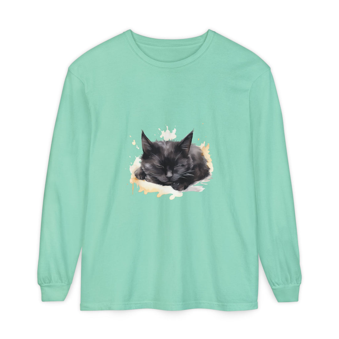Langarm-T-Shirt mit Aquarellmotiv „Schlafende Katze“