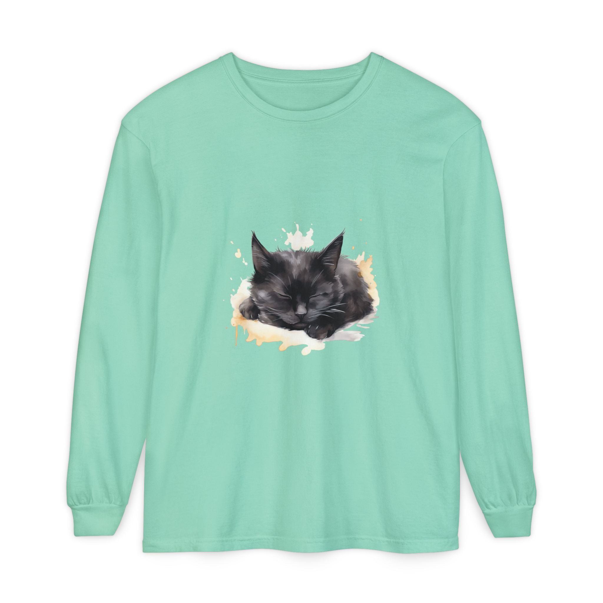 Sleepy Cat Watercolor Long Sleeve T-Shirt