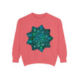A close-up image of an intricate blue and green mandala sweatshirt with a mesmerizing and detailed design, perfect for adding a pop of color to any outfit