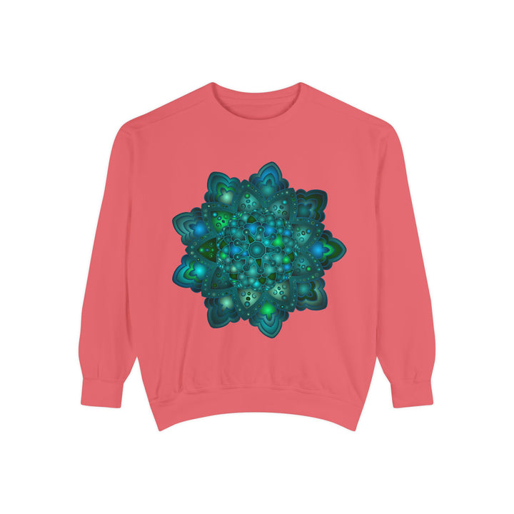 A close-up image of an intricate blue and green mandala sweatshirt with a mesmerizing and detailed design, perfect for adding a pop of color to any outfit