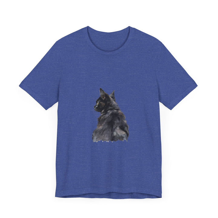 A close-up image of a watercolor illustration of a black cat on a t-shirt with the caption Mysterious Black Cat Watercolor Tee