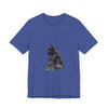 A close-up image of a watercolor illustration of a black cat on a t-shirt with the caption Mysterious Black Cat Watercolor Tee