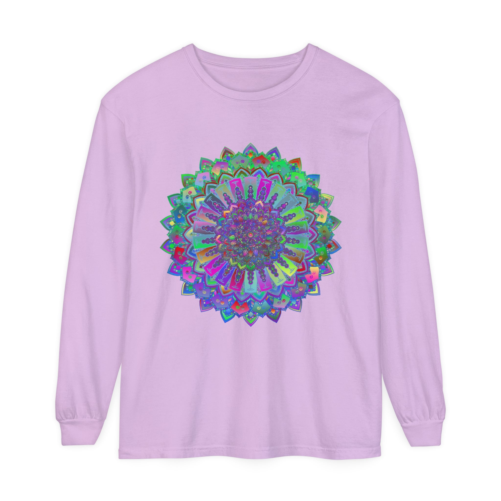 Colorful and intricate mandala design on a long sleeve t-shirt