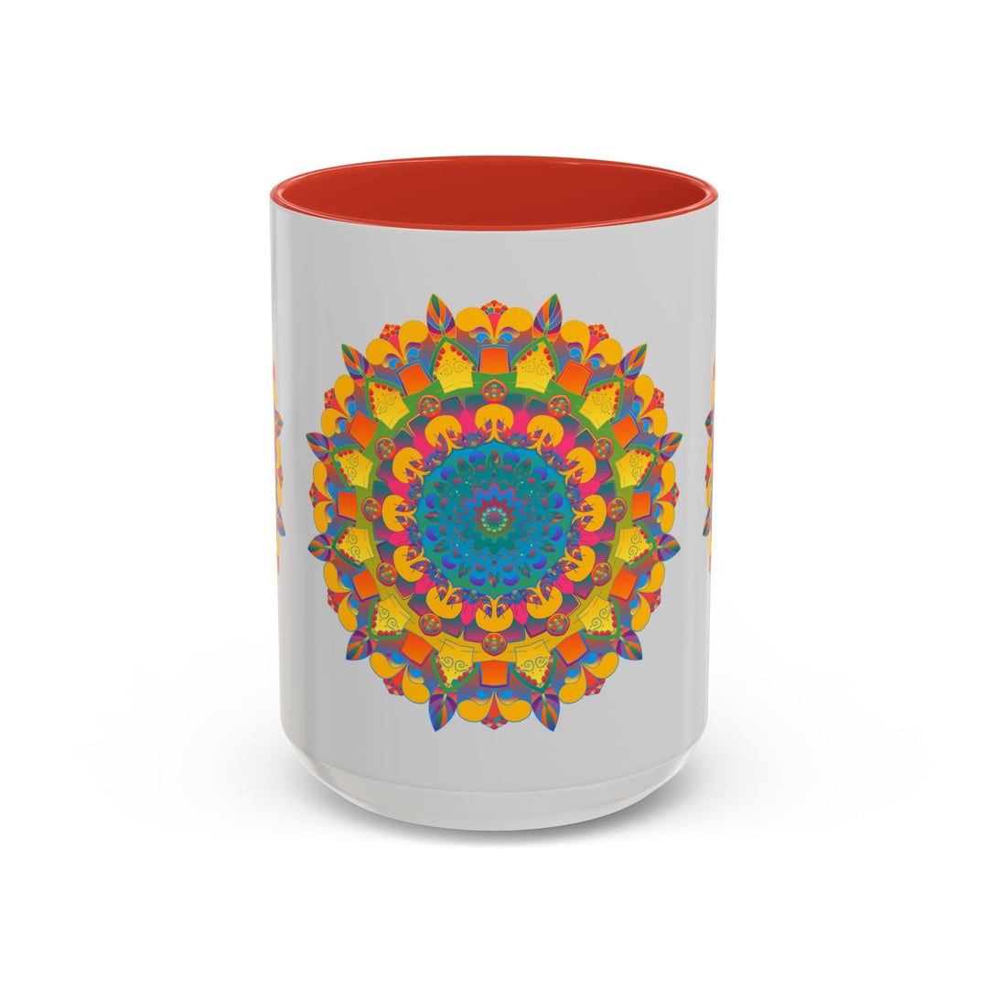 Mandala art mug with colorful floral design on a white background