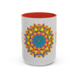 Mandala art mug with colorful floral design on a white background