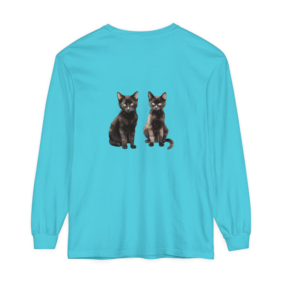 Black Cat Watercolor Art Long Sleeve T-Shirt - Soft and comfortable cotton shirt featuring a stunning watercolor art design of a black cat, perfect for cat lovers and art enthusiasts