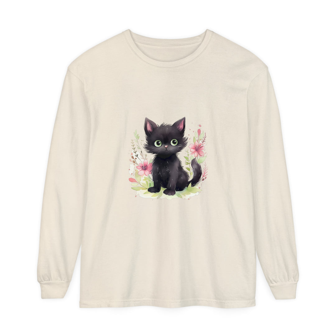 A cute and playful kitten surrounded by colorful floral watercolor design on a T-shirt