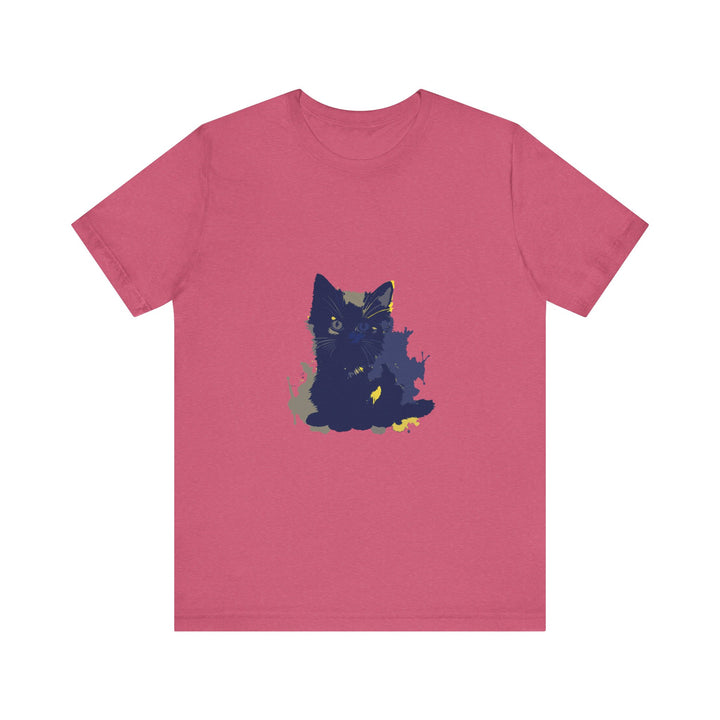 Midnight Blue Cat Mystery T-Shirt: An illustrated midnight blue t-shirt featuring a mysterious cat design