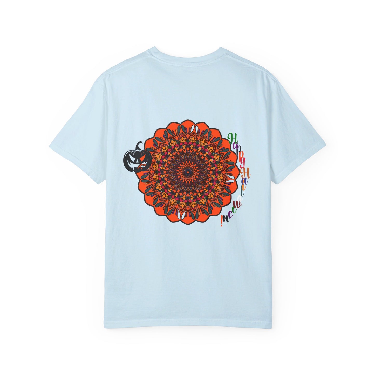 Handmade unisex Halloween Mandala T-shirt featuring intricate pumpkin mandala art on a garment-dyed tee