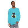 Black Cat Watercolor Long Sleeve T-Shirt in black with a vibrant watercolor cat design