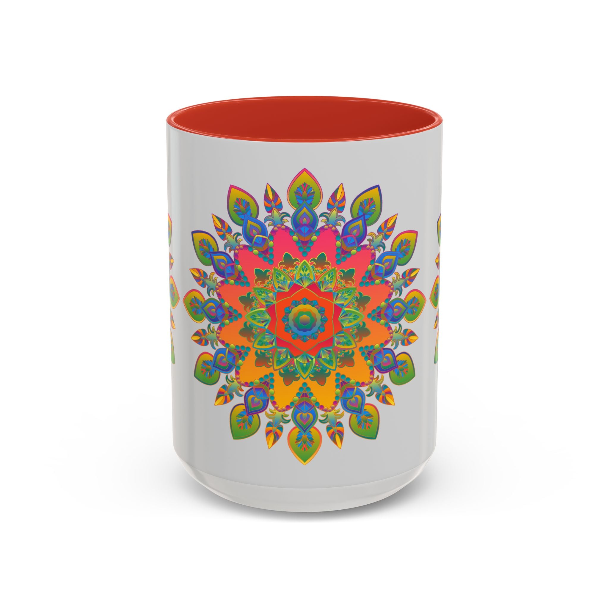 Colorful Mandala Mug with vibrant and intricate art, set against a grey background