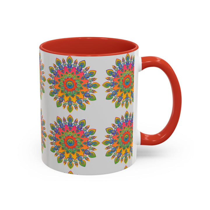 A close-up image of a colorful mandala mug with intricate and vibrant designs on a grey background, showcasing the beautiful and artistic details of the product