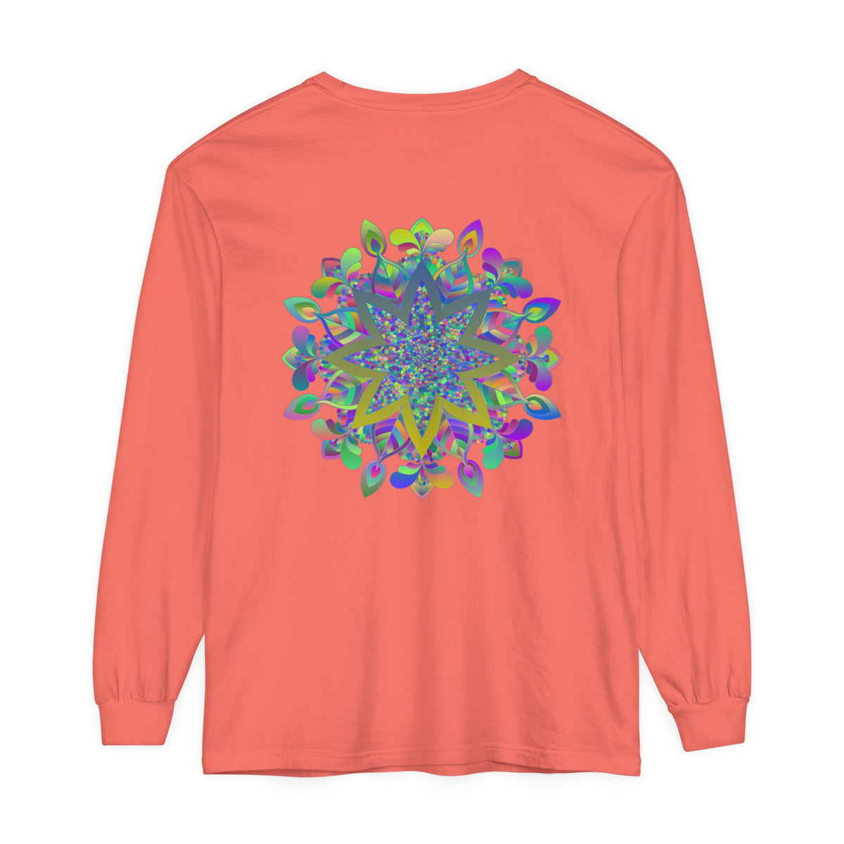 Colorful Mandala Unisex Long Sleeve T-Shirt featuring intricate, vibrant mandala design