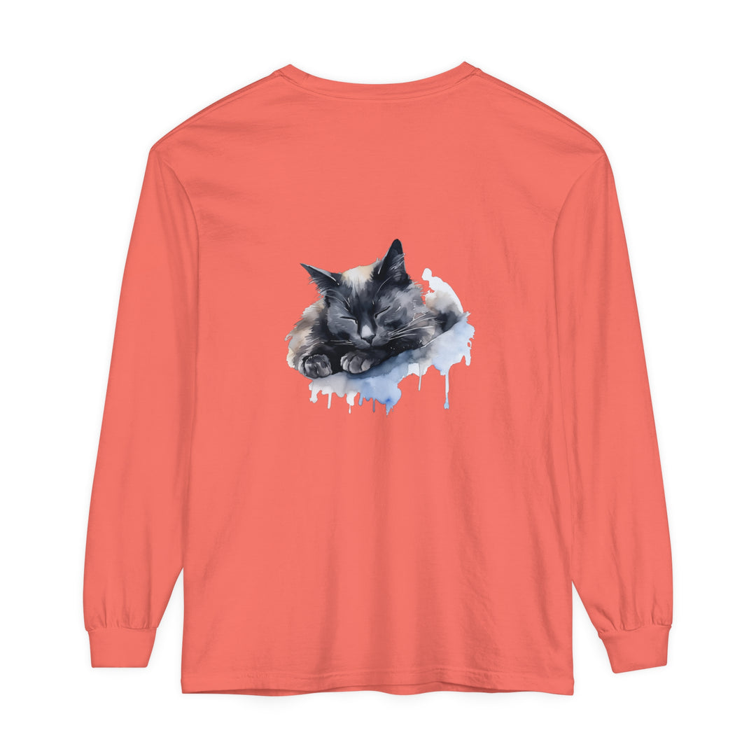 Beautiful watercolor illustration of a sleeping cat printed on a comfortable cotton t-shirt