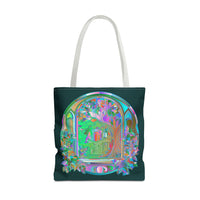 A close-up image of a colorful tote bag featuring a mystical nature-themed mandala design
