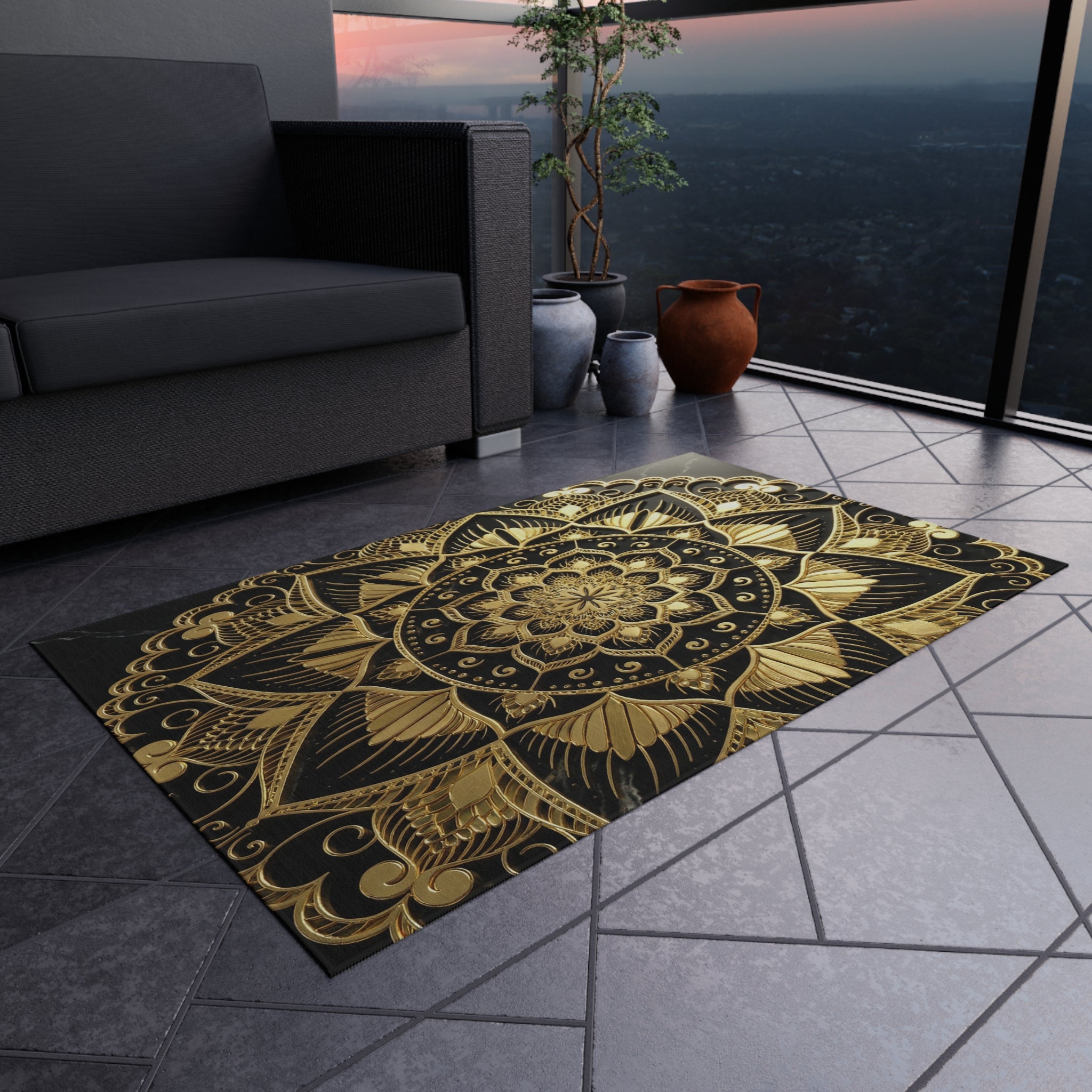 Gold Mandala Outdoor Rug — Boho Patio Mat for Porch, Deck & Garden