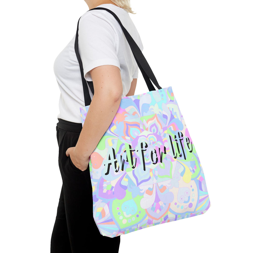 Colorful mandala tote bag with intricate design and inspirational 'Art for Life' quote, perfect for carrying all your essentials in style