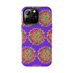 A close-up image of a small purple mandala art phone case designed for iPhone X and XS, with hand-drawn intricate patterns and details