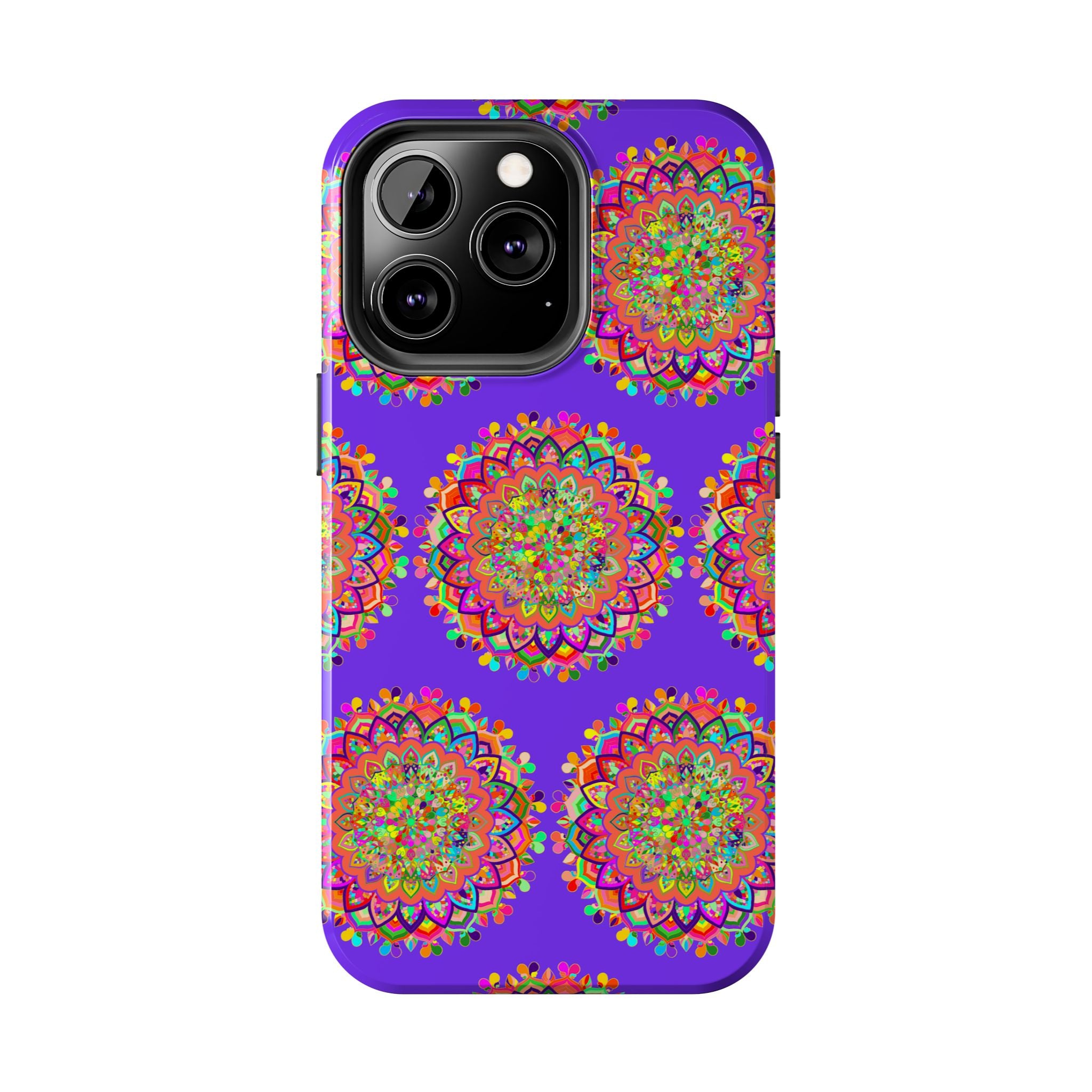 A close-up image of a small purple mandala art phone case designed for iPhone X and XS, with hand-drawn intricate patterns and details