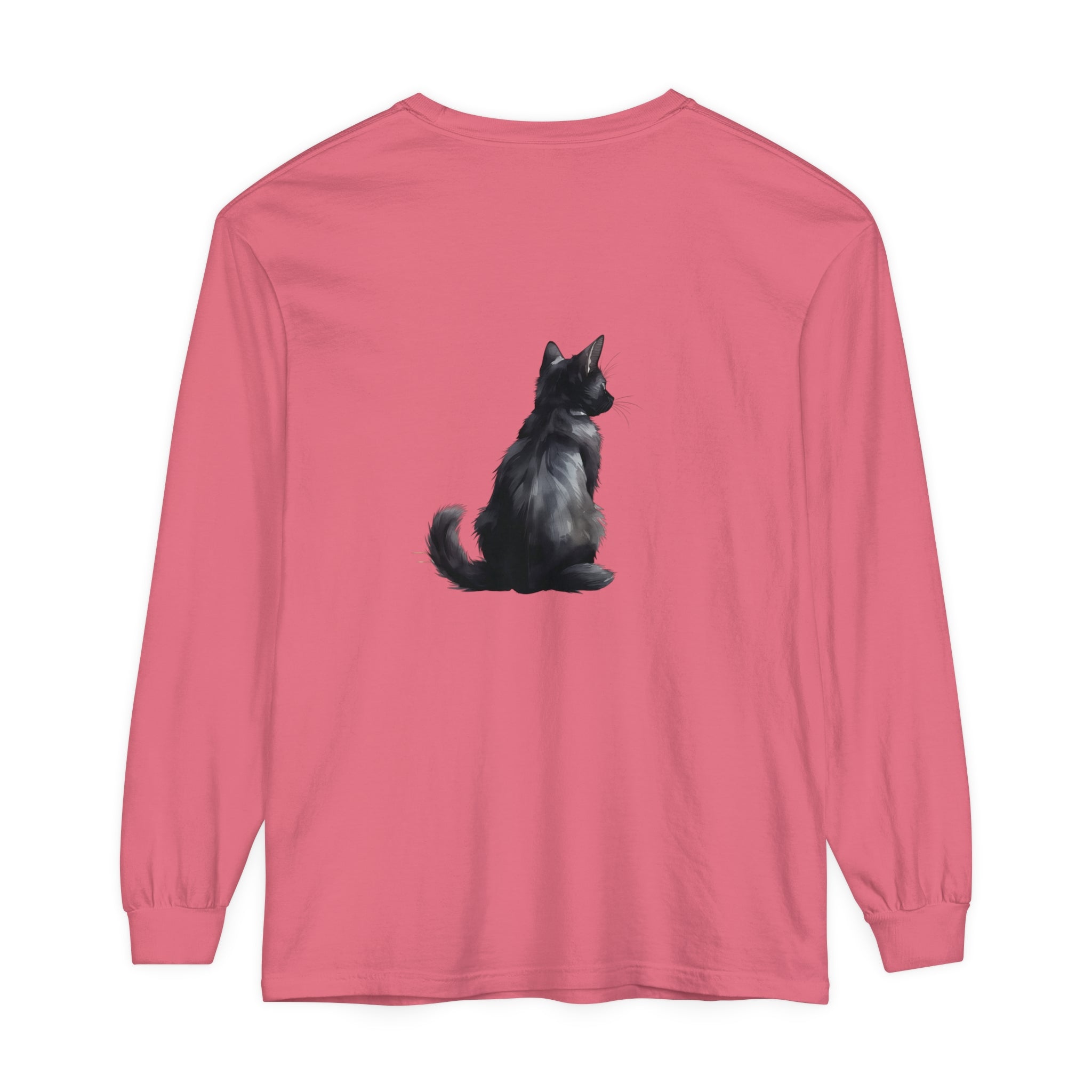 Black Cat Mystery unisex long sleeve tee, featuring a captivating black cat design